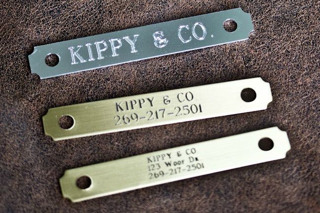 Brass and silver engraved name plate options for personalized leather dog collar