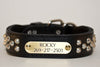 Black Leather Studded Collar With Engraved Brass or Silver Name Plate