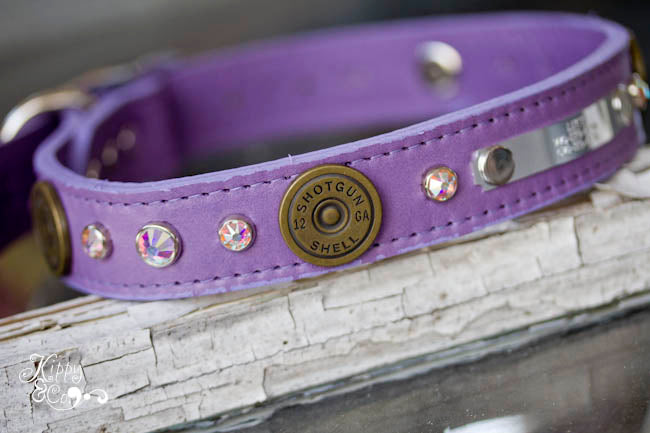 Personalized Leather Collar with 12 Gauge Shotgun Shell Conchos and Crystals