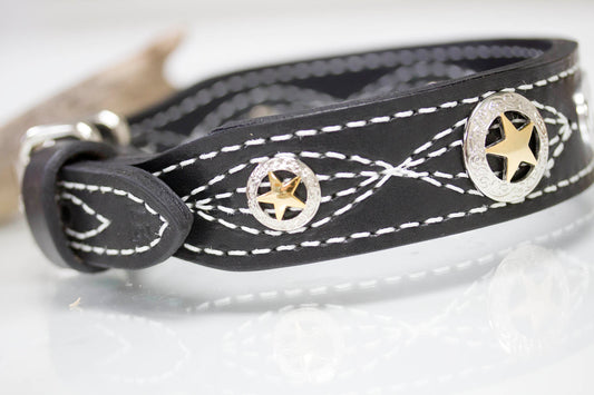 Leather Dog Collar 1.5 inch wide with a personalized name plate, white stitching and Texas Star Conchos in a mixed metal