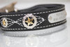 Leather Dog Collar 1.5 inch wide with a personalized name plate, white stitching and Texas Star Conchos in a mixed metal