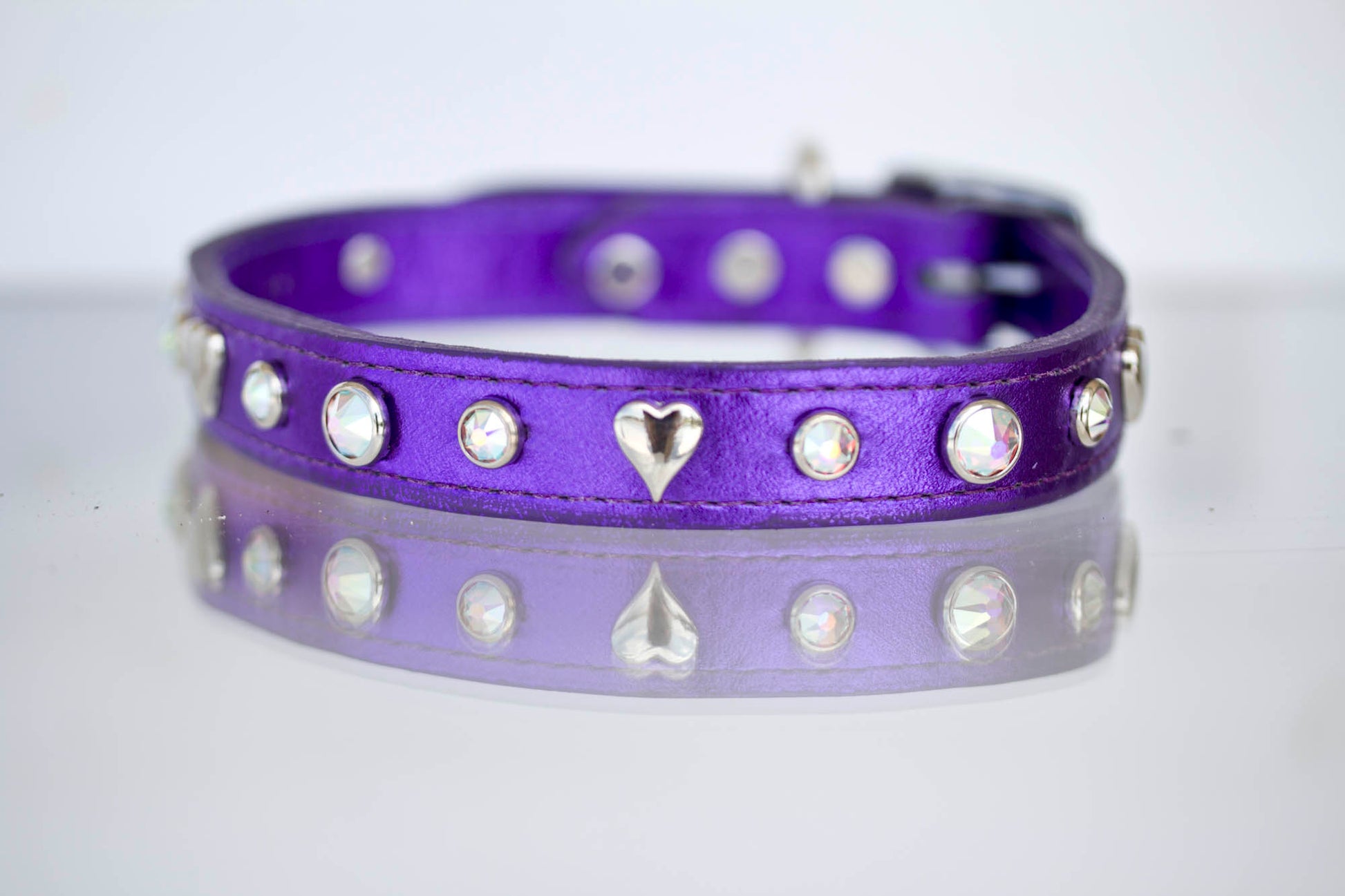 Metallic Purple leather with AB Swarovski Crystals and silver hearts