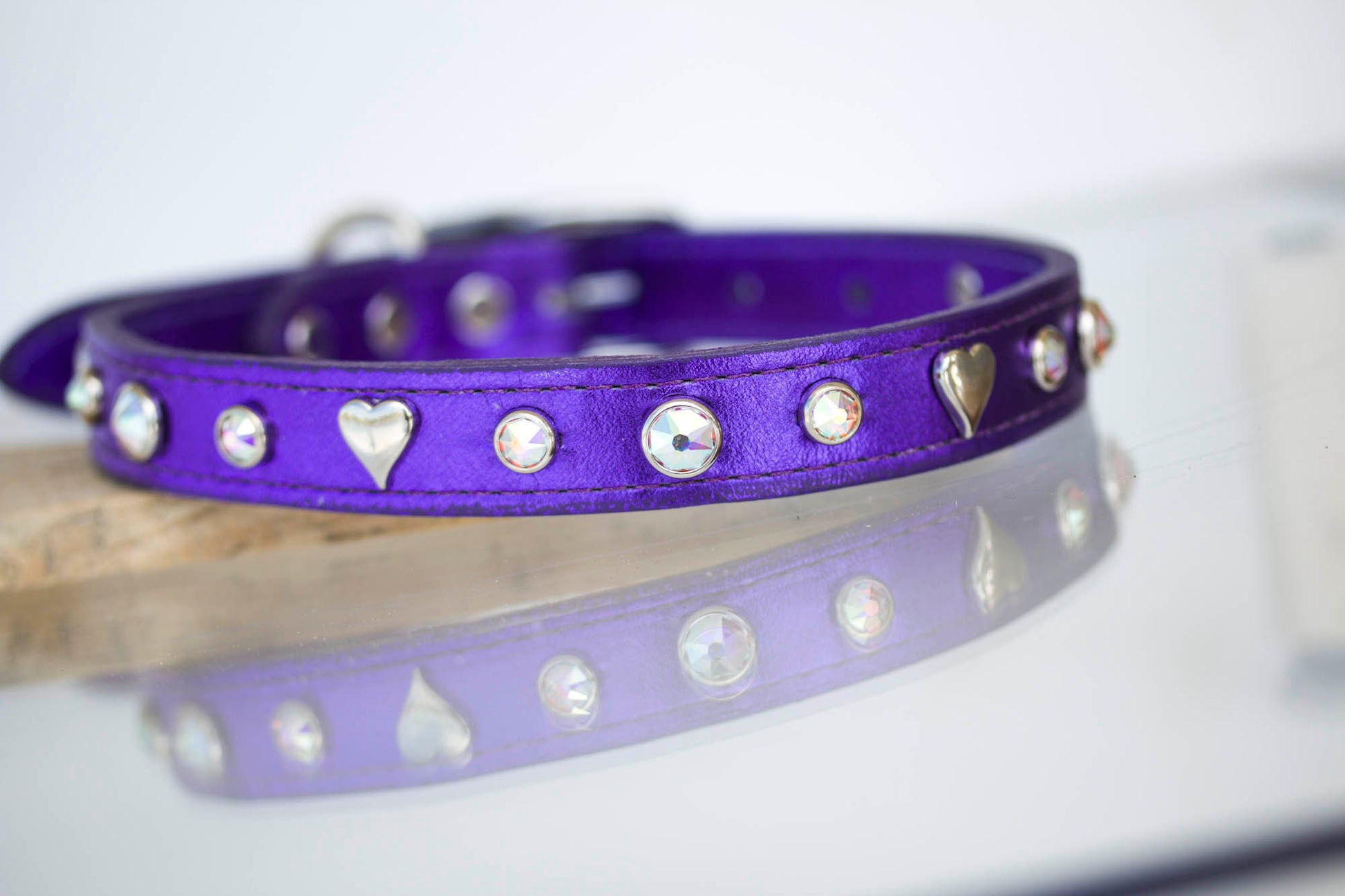 Metallic Purple leather with AB Swarovski Crystals and silver hearts