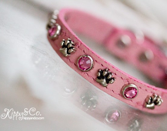 Pink Ostrich Leather Dog Collar With Paws and Pink Swarovski Crystals