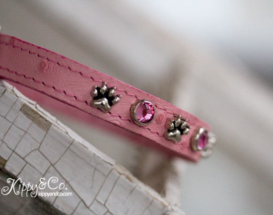 Pink Ostrich Leather Dog Collar With Paws and Pink Swarovski Crystals