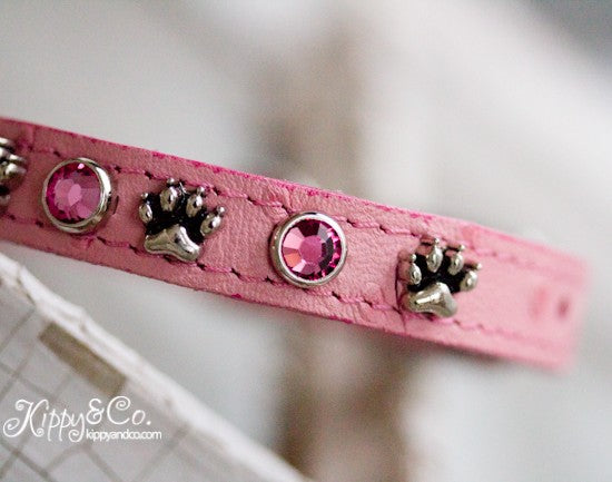 Pink Ostrich Leather Dog Collar With Paws and Pink Swarovski Crystals