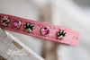 Pink Ostrich Leather Dog Collar With Paws and Pink Swarovski Crystals