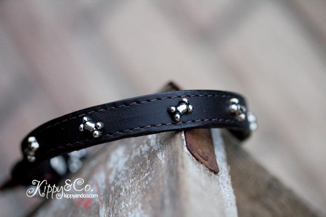 1/2 inch wide leather collar with silver bones