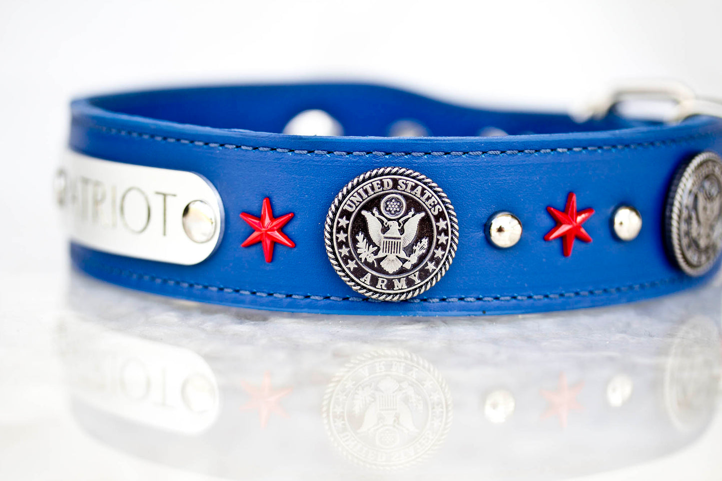1.5 inch wide leather collar with United States Army Conchos, Red Star Conchos and silver spots with a personalized name plate