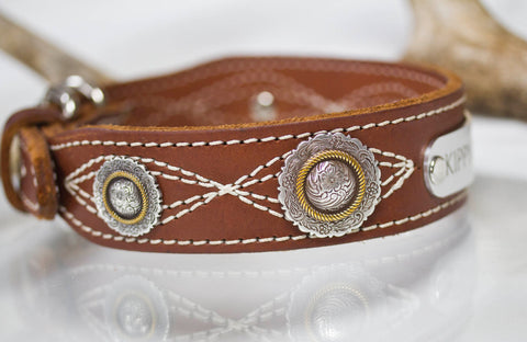 Brown Leather Dog Collar with Floral Conchos