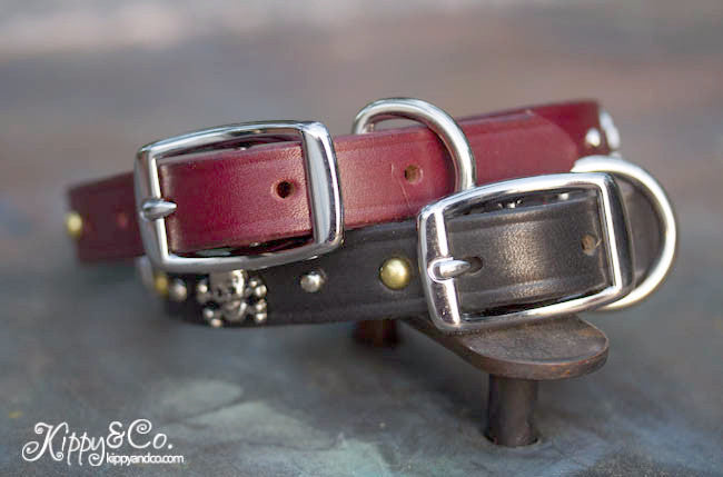 Leather dog collar with skull and cross bones, brass and nickel spots and brass spots, personalized name plate
