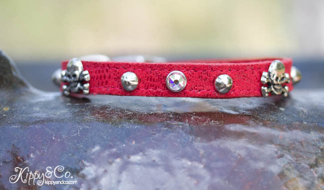 Skull and Crossbones Leather Collar with Crystals