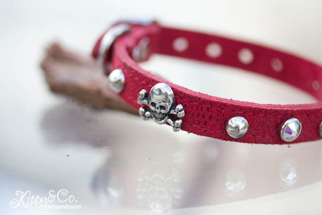 Skull and Crossbones Leather Collar with Crystals