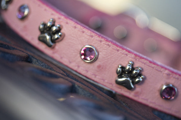 Pink Leather Crystal Dog Collar With Silver Paws and Pink Crystals