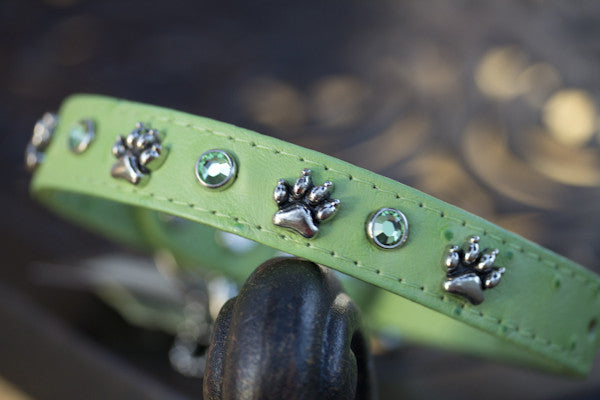 Bright Green Leather Dog Collar With Silver Paws and Peridot Swarovski Crystals
