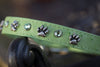Bright Green Leather Dog Collar With Silver Paws and Peridot Swarovski Crystals
