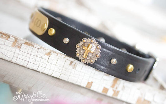 Cross Concho Collar with Brass and Silver Spots and Personalized Name Plate