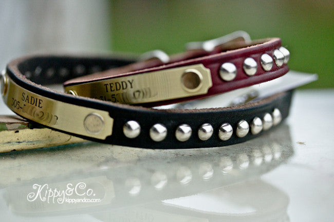 Small Dog 1/2 inch wide Leather Collar With Engraved Name Plate and Silver Cone Studs