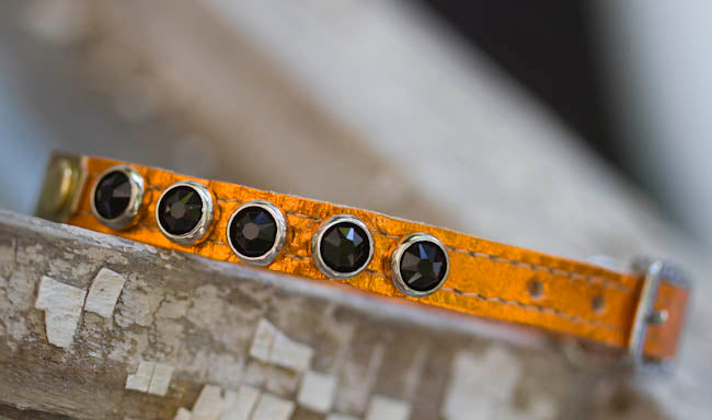 Biker Orange Collar with Black Swarovski Crystals and personalized name plate