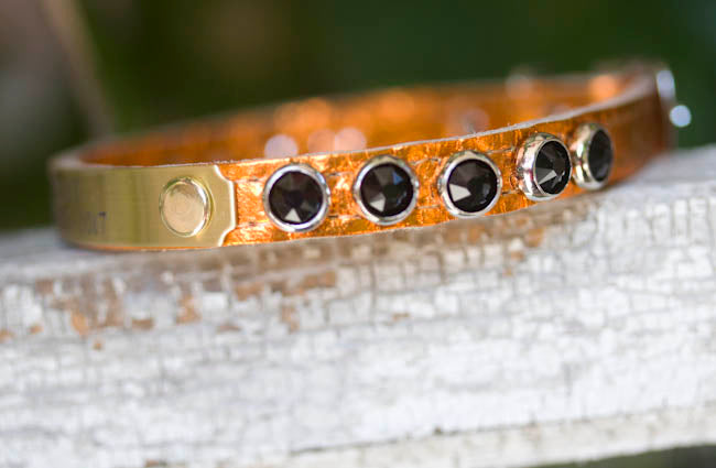 Biker Orange Collar with Black Swarovski Crystals and personalized name plate