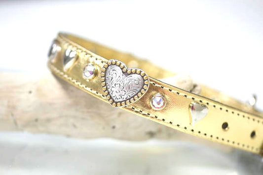 Metallic Gold Leather with AB Swarovski Crystals, silver hearts and heart conchos in a two tone gold/silver tone