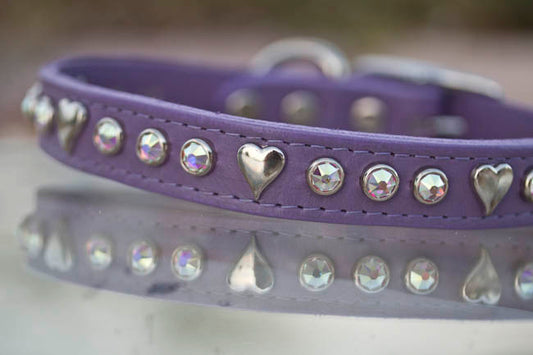 Leather Collar with Silver Hearts and AB Swarovski Crystals