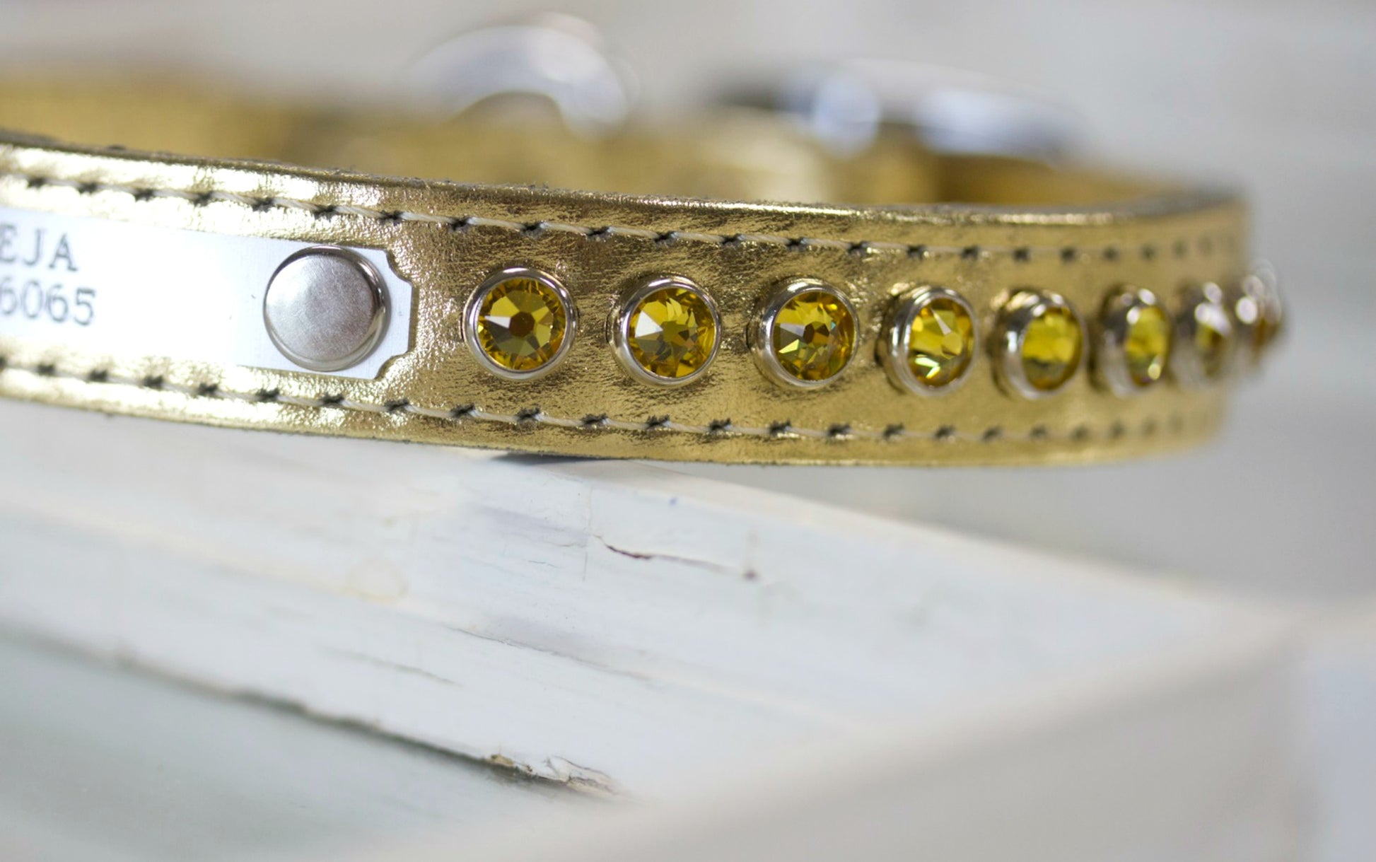 metallic leather collar with swarovski crystals and personalized name plate 3/4 inch wide