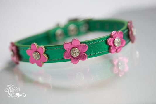 Metallic Green Signature Leather Collar with metallic purple flowers dog collar