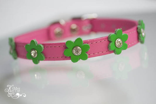 Pink Leather Dog Collar with Green Flowers
