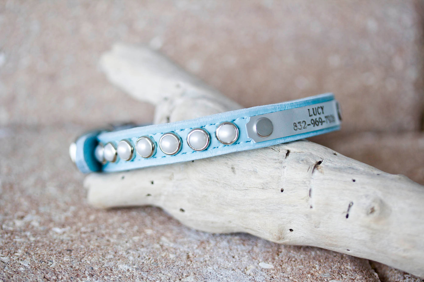 tiny leather collar with personalized name plate and pearls