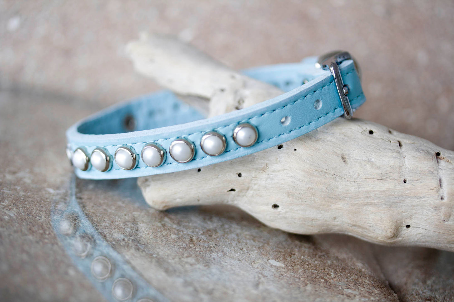 tiny leather collar with personalized name plate and pearls