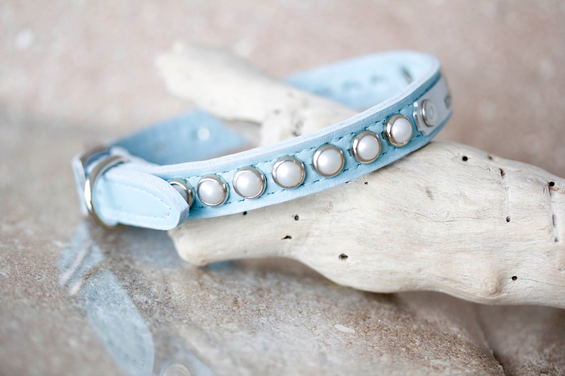 tiny leather collar with personalized name plate and pearls