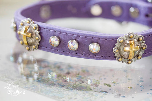 Leather Collar with Swarovski Crystals and Cross Conchos in the brass/silver two tone