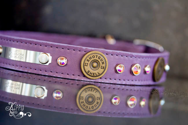 Personalized Leather Collar with 12 Gauge Shotgun Shell Conchos and Crystals