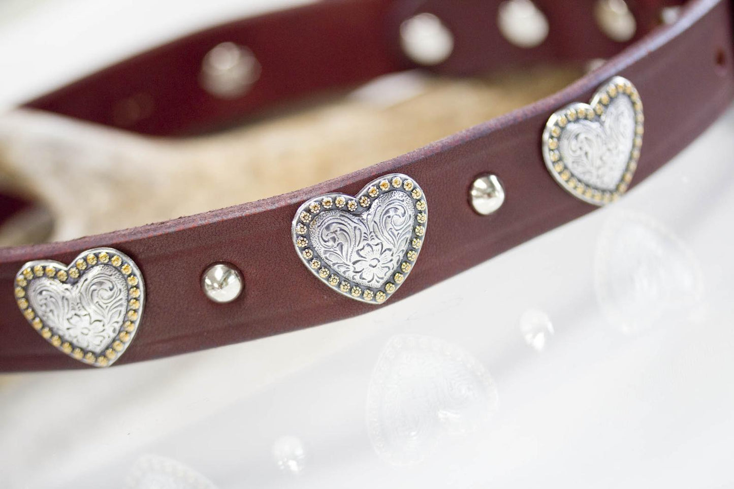 Leather Collar with hearts and silver cone studs