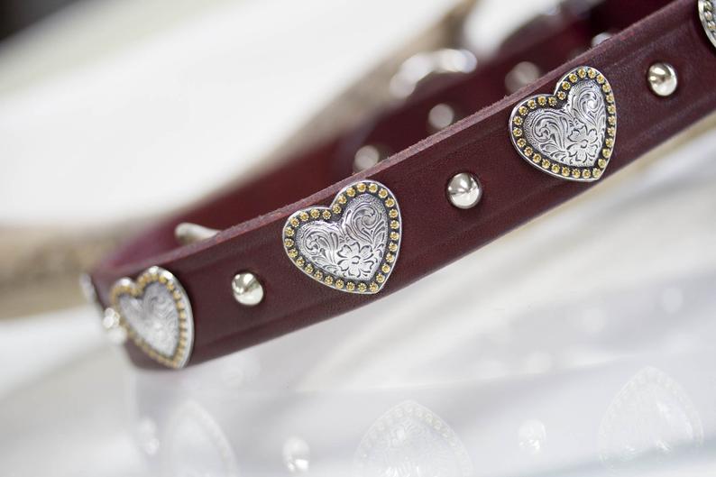 1 inch Latigo Leather with scrolled hearts and silver cone studs