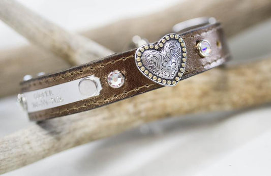 3/4 inch metallic bronze with AB Swarovski Crystals, Floral Heart Conchos and a personalized name plate