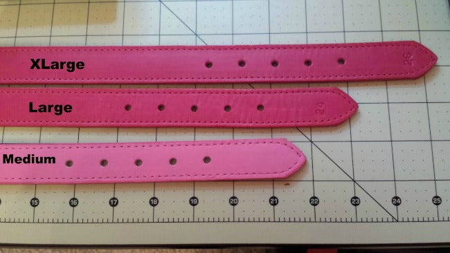 Sizing guide for native multi color leather crystal dog collar, 1 inch wide
