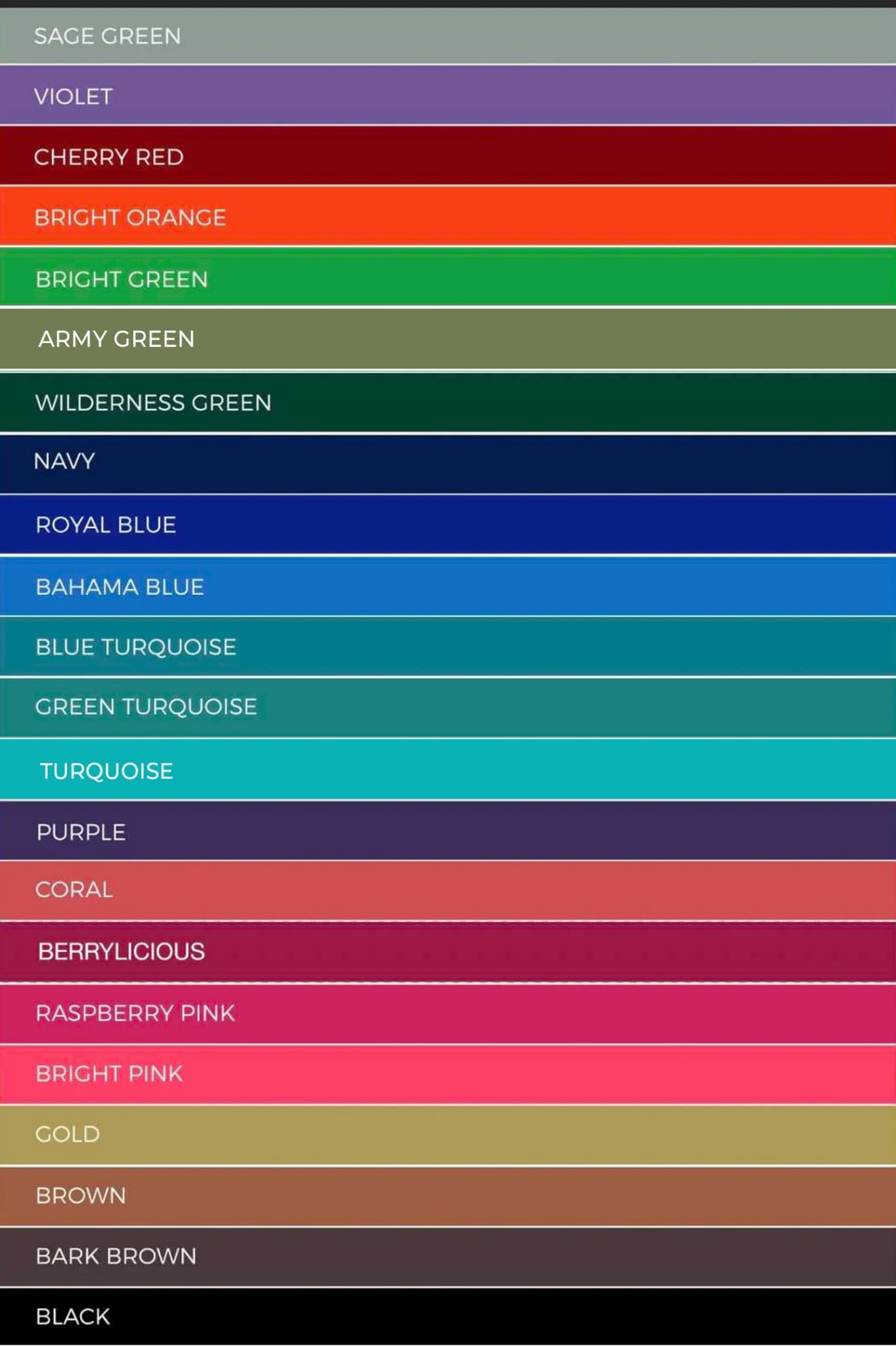 Color swatch chart with various color names