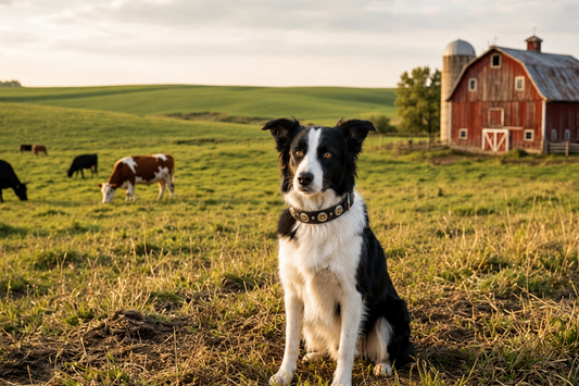 Border Collie wearing Texas Star 2 inch latigo leather collar on farm at golden hour - Kippy and Co