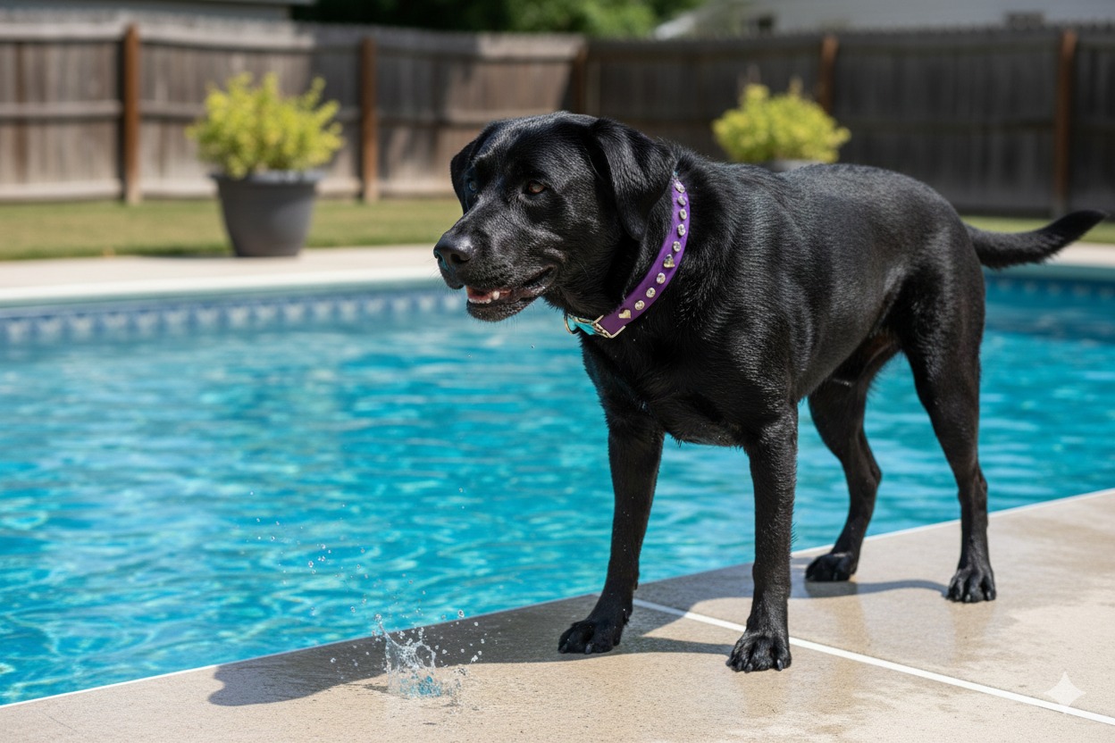 Black dog by pool wearing purple waterproof collar with hearts and crystals