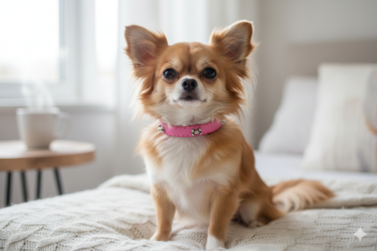 Small dog sitting on a bed wearing a pink collar in a bright room.