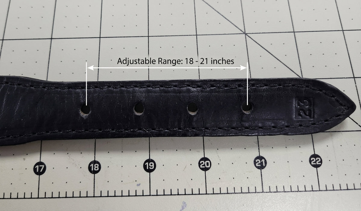 Dome stud leather dog collar size guide showing adjustable range of 18 to 21 inches