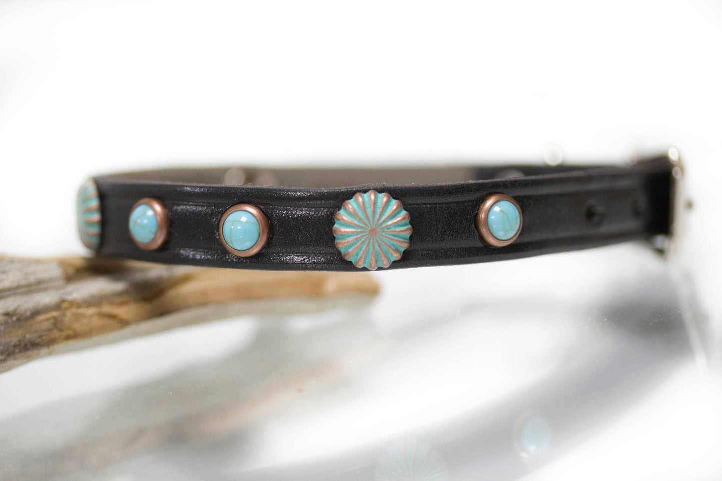 Turquoise and Patina Copper Leather Dog Collar