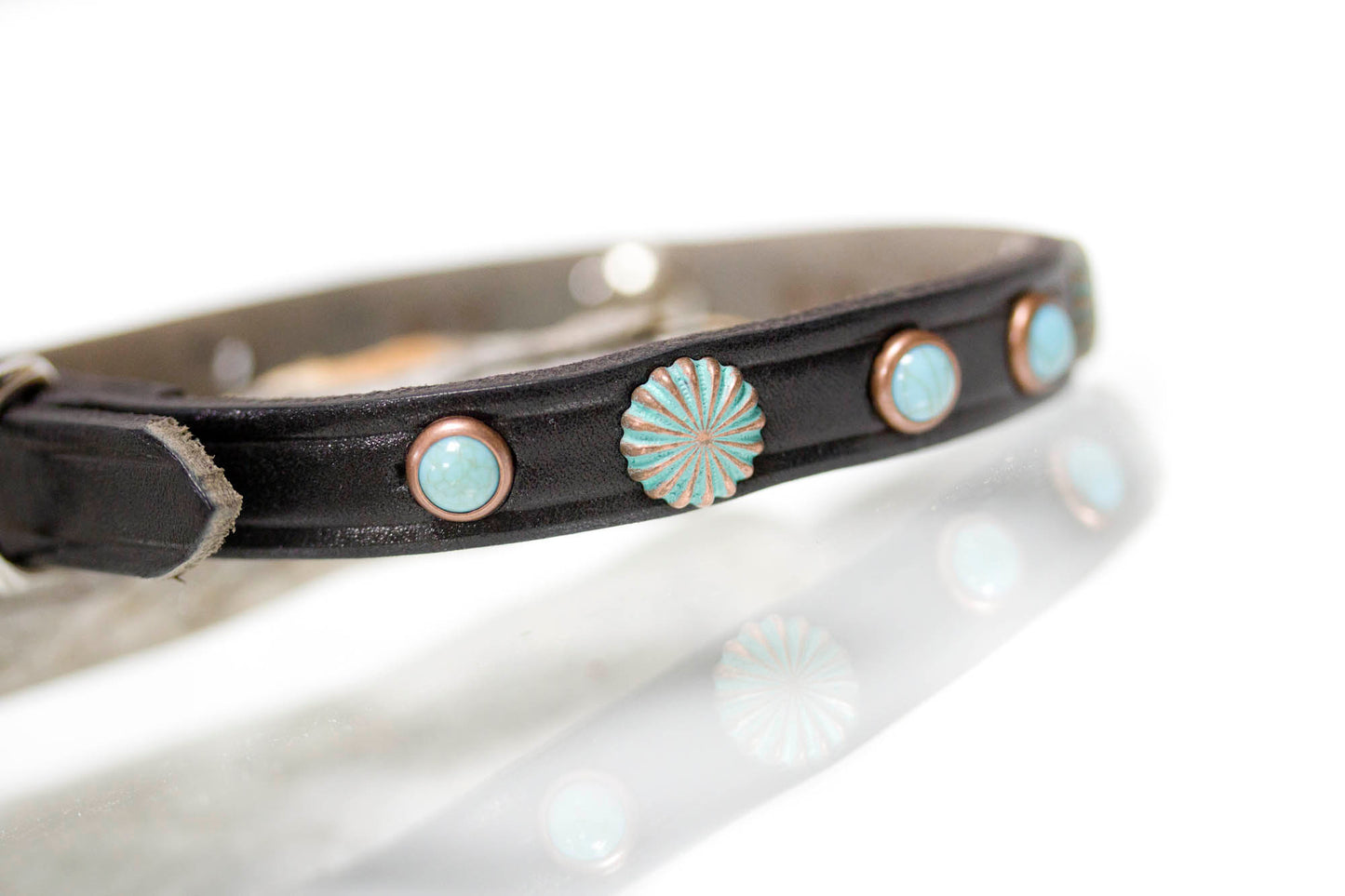 Turquoise and Patina Copper Leather Dog Collar