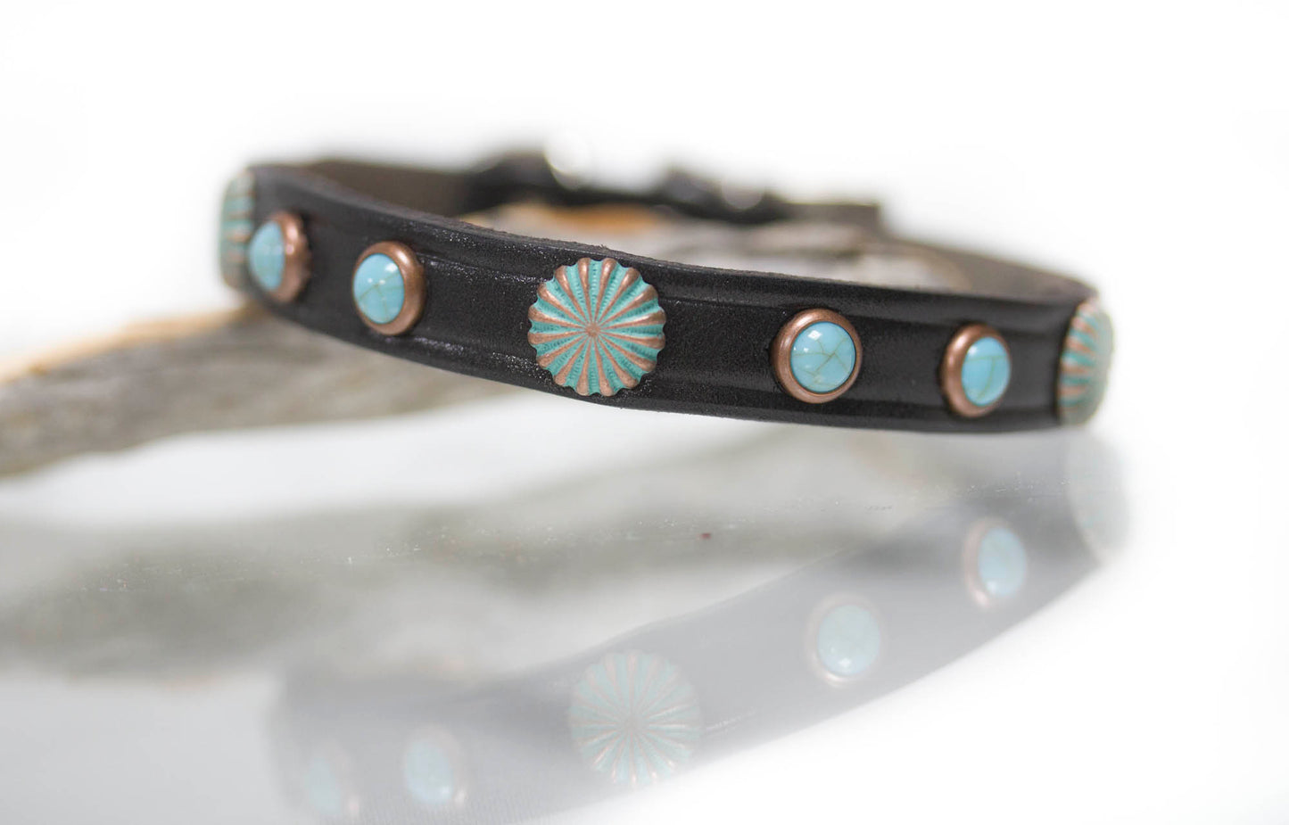 Turquoise and Patina Copper Leather Dog Collar