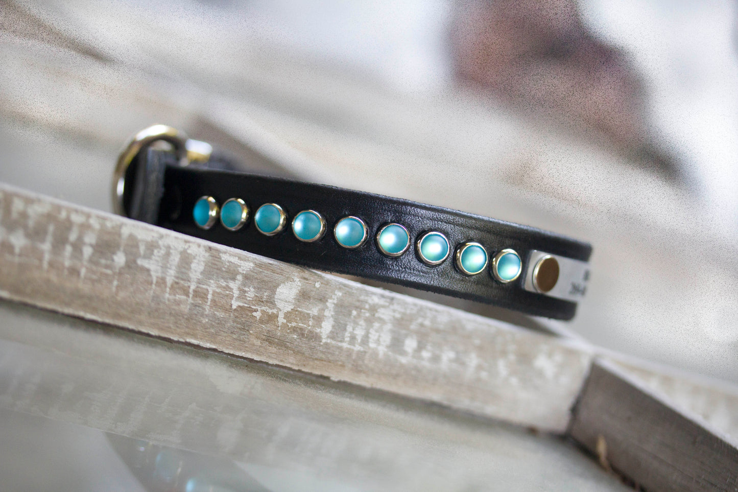 Handmade blue cabochon latigo leather dog collar by Kippy and Co