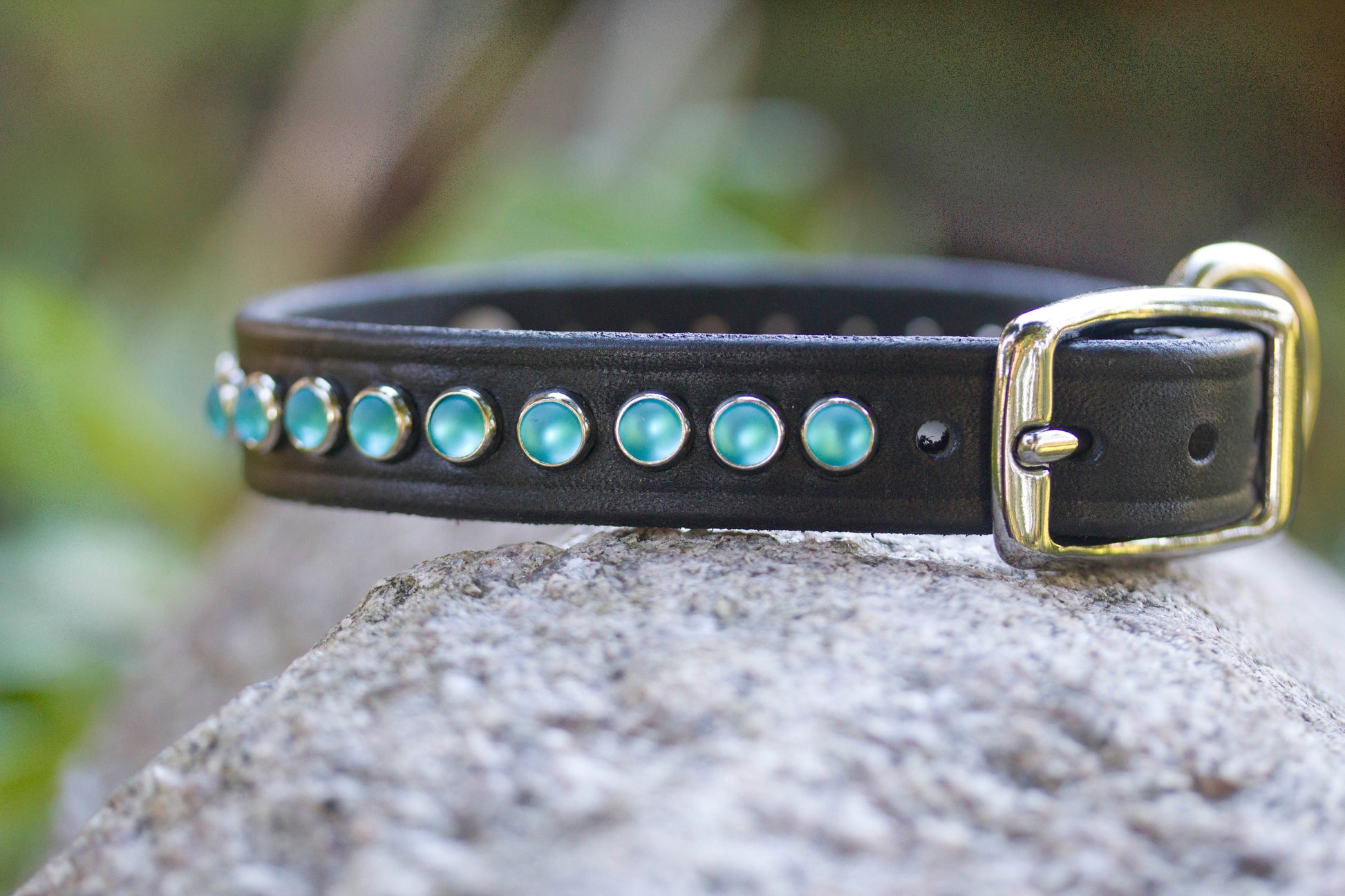 Handmade black latigo leather dog collar with blue cabochon studs and brass buckle