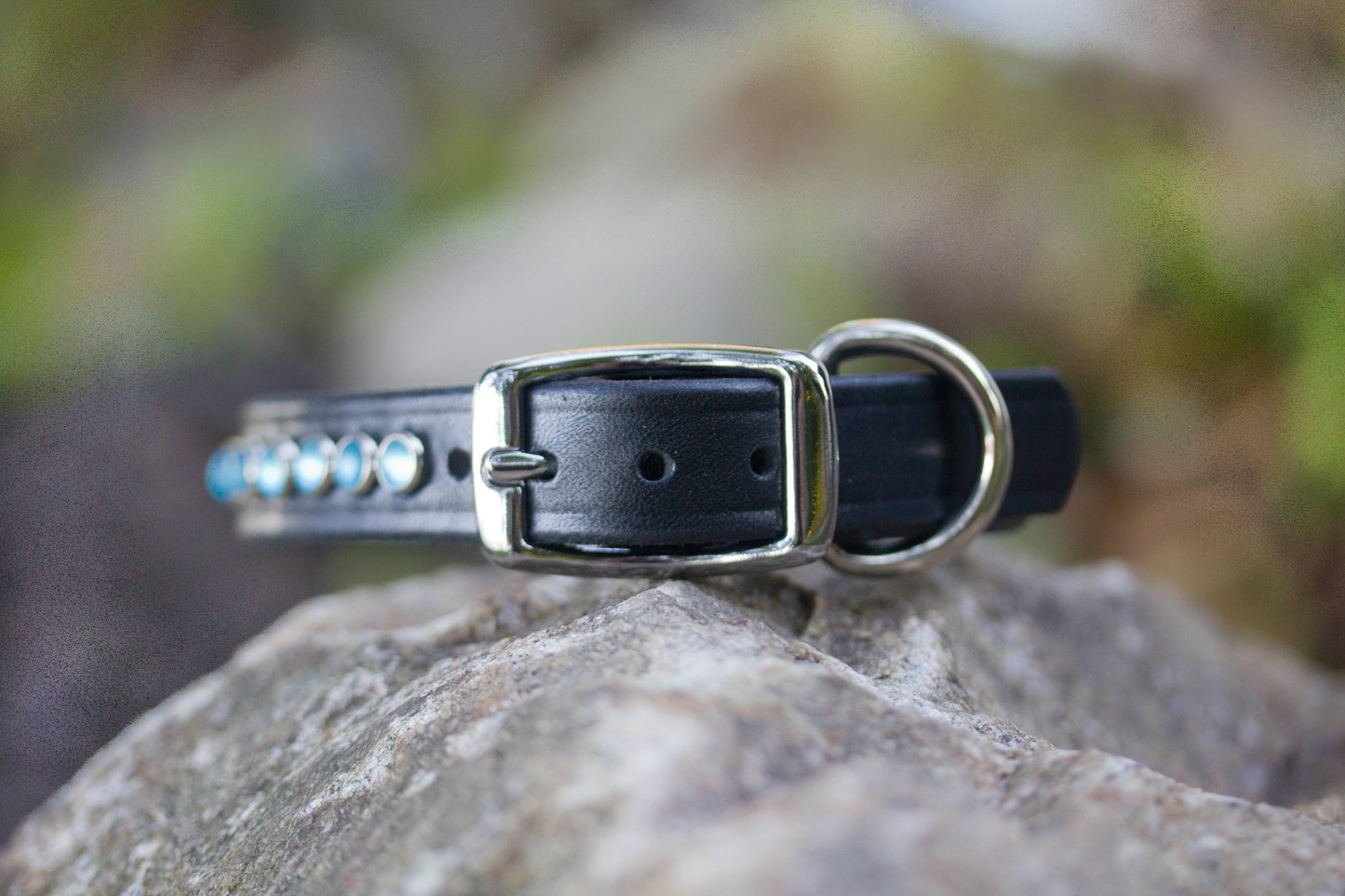 Detail view of silver buckle and D-ring on handmade black leather dog collar with blue cabochons
