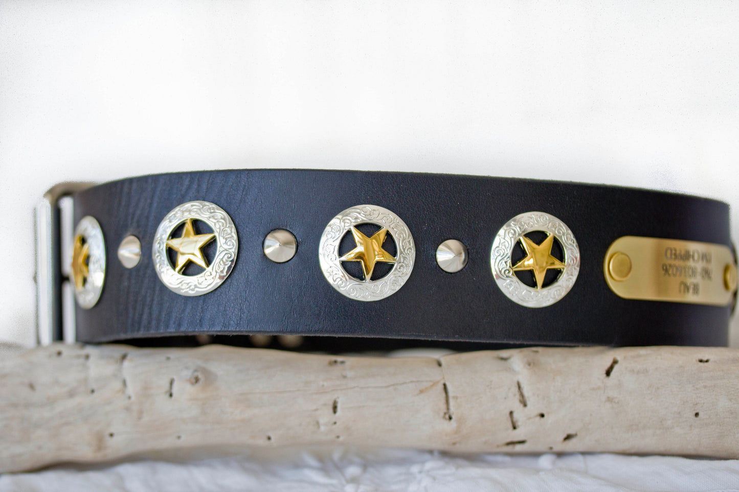 Texas Star cone studs detail on 2 inch latigo leather large breed collar - Kippy and Co